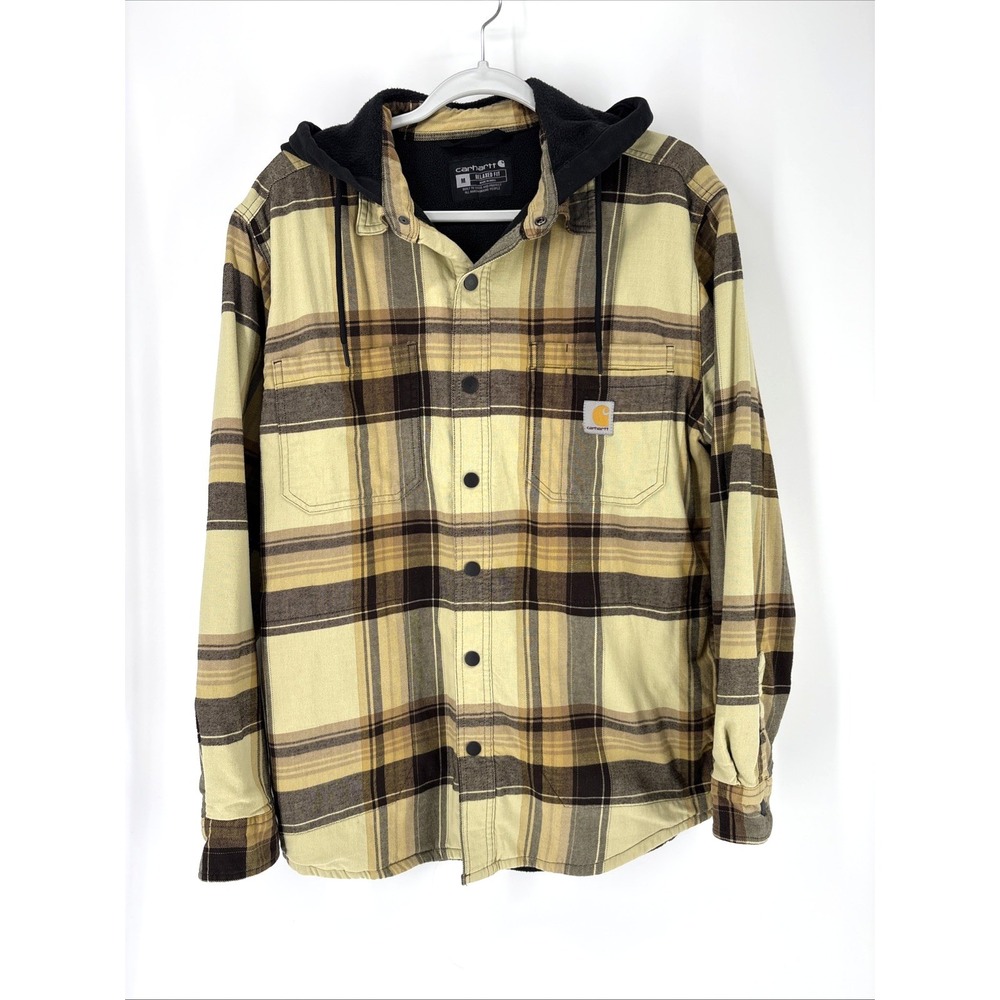 Carhartt Flannel Lined Shirt Jacket  Mens Medium Yellow Hooded Shacket